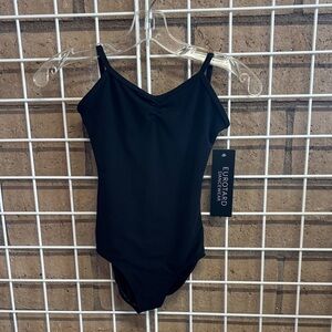 Eurotard-black camisole leotard with V back.